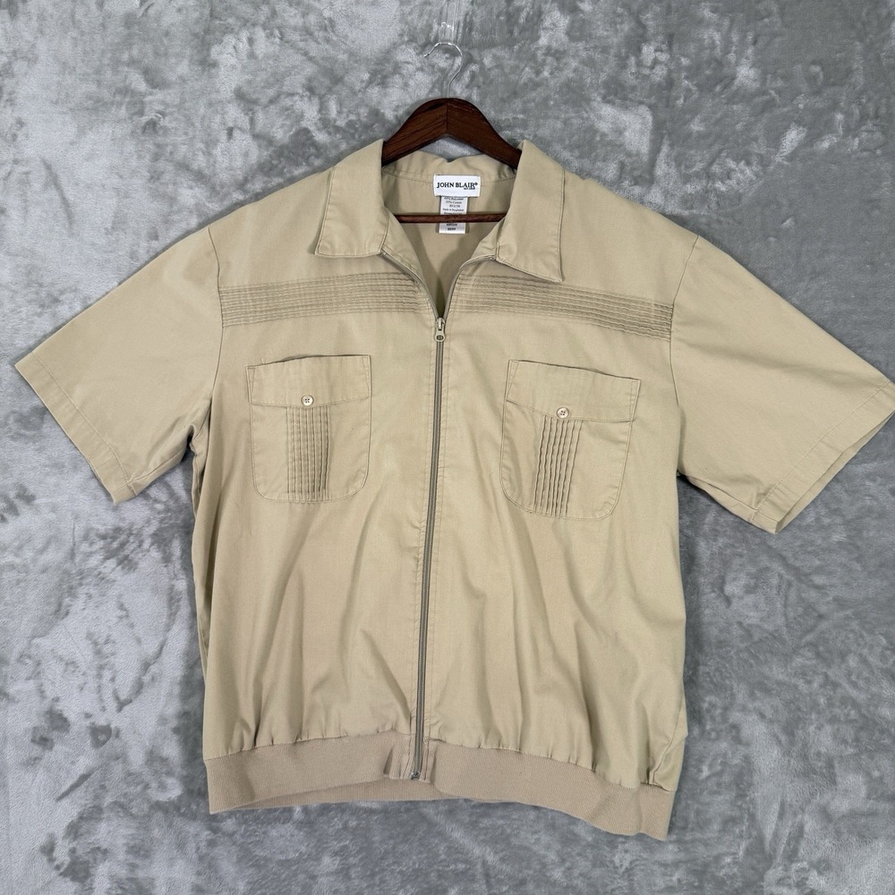 VTG John Blair Zip Up Shirt Men's Beige Short Sleeve Banded Hem Front Pockets XL